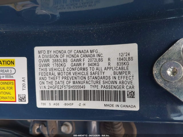 Продаж на аукціоні авто 2025 Honda Civic Sport, vin: 2HGFE2F57SH555649, номер лоту: 44834712