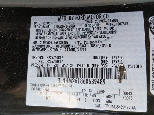 2006 LINCOLN ZEPHYR 3LNHM26186R639489 Photo 8