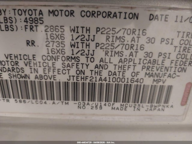 Aukcja sprzedaży 2001 Toyota Highlander V6, vin: JTEHF21A410001640, numer aukcji: 44834729