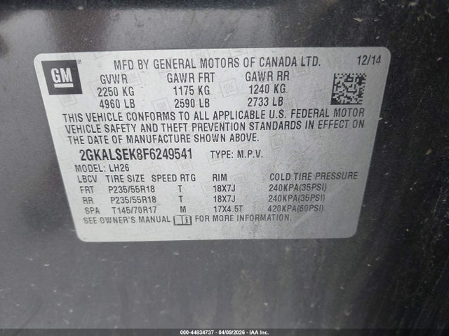Продажа на аукционе авто 2015 Gmc Terrain Slt-1, vin: 2GKALSEK8F6249541, номер лота: 44834737