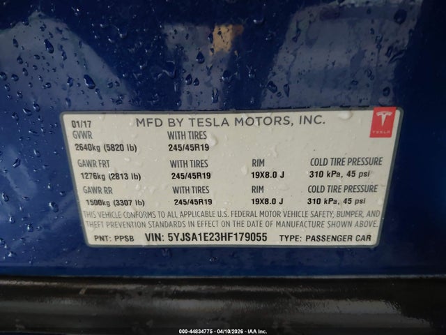 44834775 :رقم المزاد ، 5YJSA1E23HF179055 vin ، 2017 Tesla Model S 100d/60d/75d/90d/p100d مزاد بيع