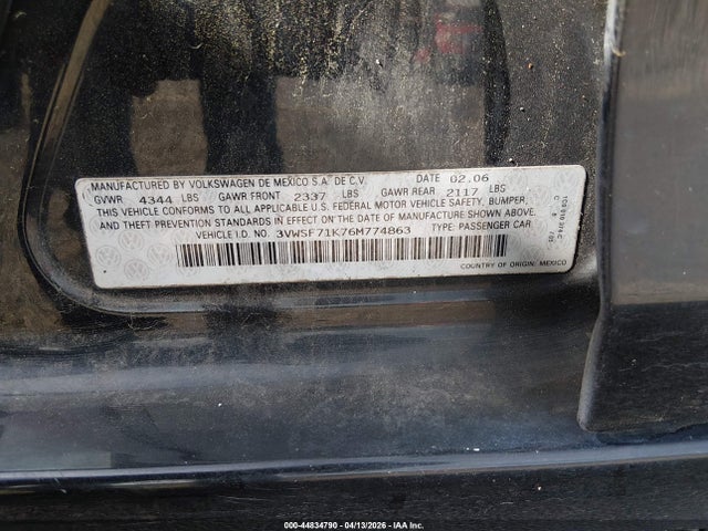 Aukcja sprzedaży 2006 Volkswagen Jetta 2.5, vin: 3VWSF71K76M774863, numer aukcji: 44834790