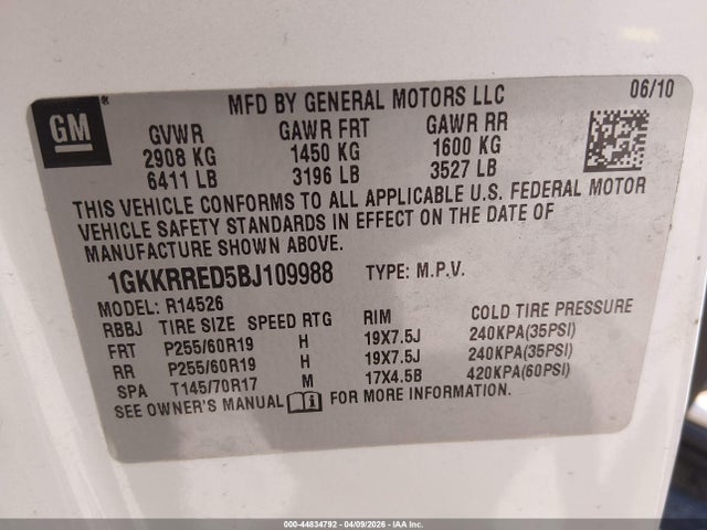 44834792 :رقم المزاد ، 1GKKRRED5BJ109988 vin ، 2011 Gmc Acadia Slt-1 مزاد بيع