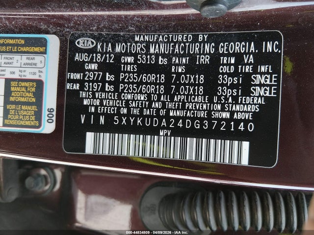 2013 Kia Sorento Ex V6 მანქანა იყიდება აუქციონზე, vin: 5XYKUDA24DG372140, აუქციონის ნომერი: 44834809