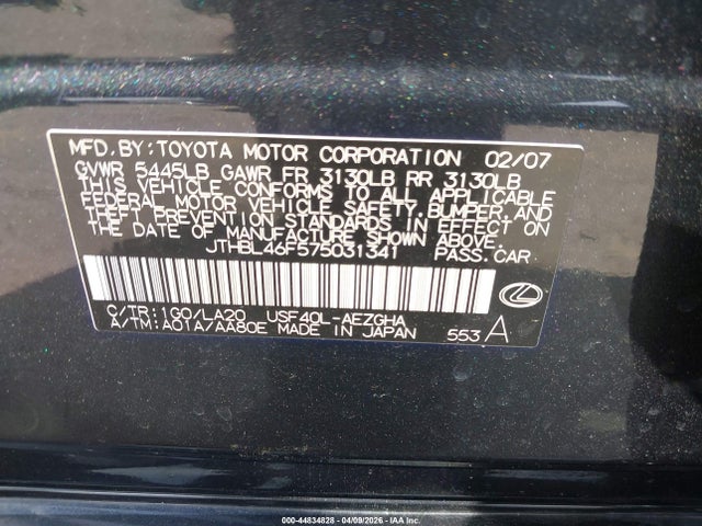 44834828 :رقم المزاد ، JTHBL46F575031341 vin ، 2007 Lexus Ls 460 مزاد بيع