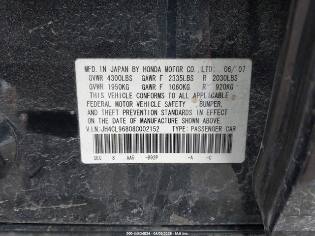 Продажа на аукционе авто 2008 Acura Tsx, vin: JH4CL96808C002152, номер лота: 44834834