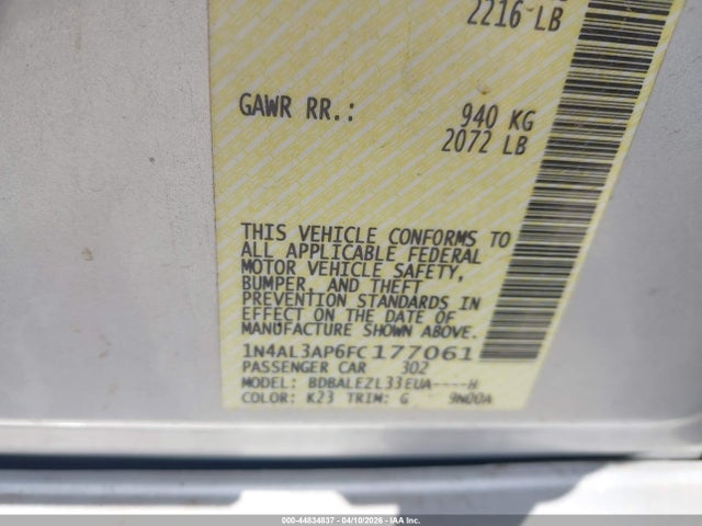 Aukcja sprzedaży 2015 Nissan Altima 2.5 S, vin: 1N4AL3AP6FC177061, numer aukcji: 44834837