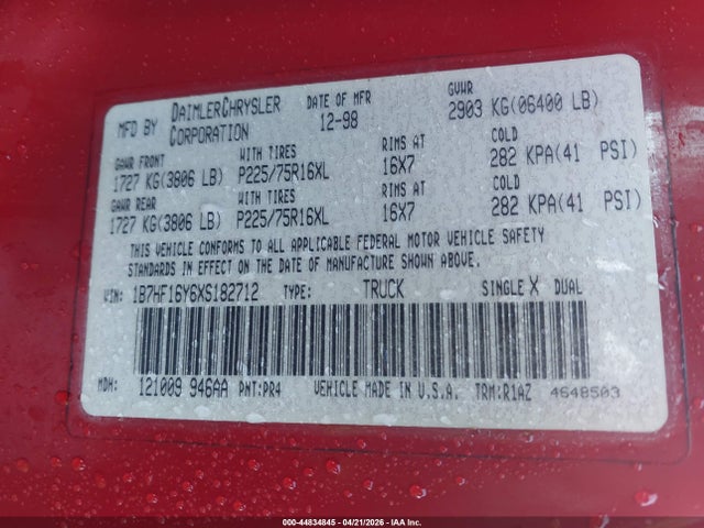 44834845 :رقم المزاد ، 1B7HF16Y6XS182712 vin ، 1999 Dodge Ram 1500 St مزاد بيع