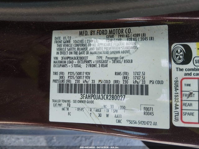 Продаж на аукціоні авто 2012 Ford Fusion Sel, vin: 3FAHP0JA3CR280027, номер лоту: 44834858