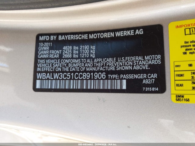 Продаж на аукціоні авто 2012 Bmw 640i, vin: WBALW3C51CC891906, номер лоту: 44834863