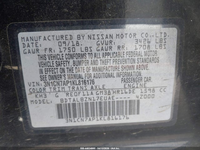 Aukcja sprzedaży 2019 Nissan Versa 1.6 Sv, vin: 3N1CN7AP1KL816176, numer aukcji: 44834865