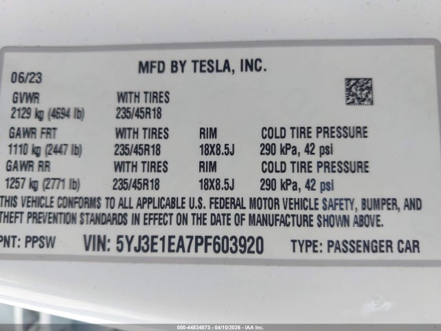 5YJ3E1EA7PF603920 Tesla Model 3 Rear-wheel Drive