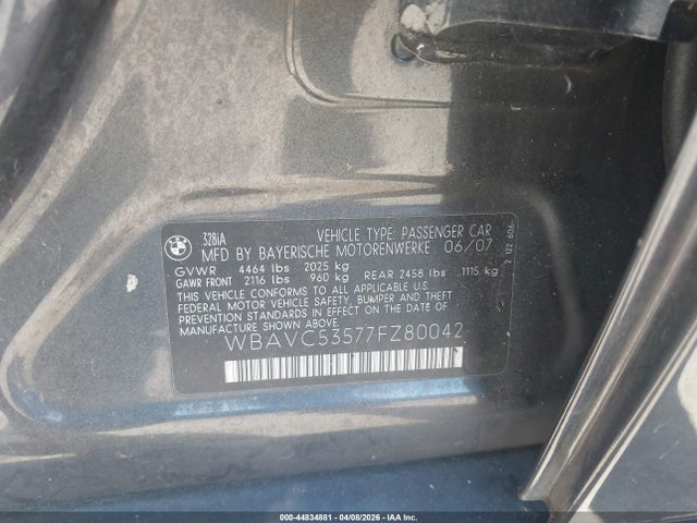 2007 Bmw 328i მანქანა იყიდება აუქციონზე, vin: WBAVC53577FZ80042, აუქციონის ნომერი: 44834881