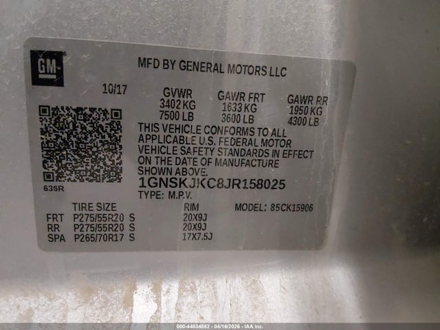 44834882 :رقم المزاد ، 1GNSKJKC8JR158025 vin ، 2018 Chevrolet Suburban Premier مزاد بيع