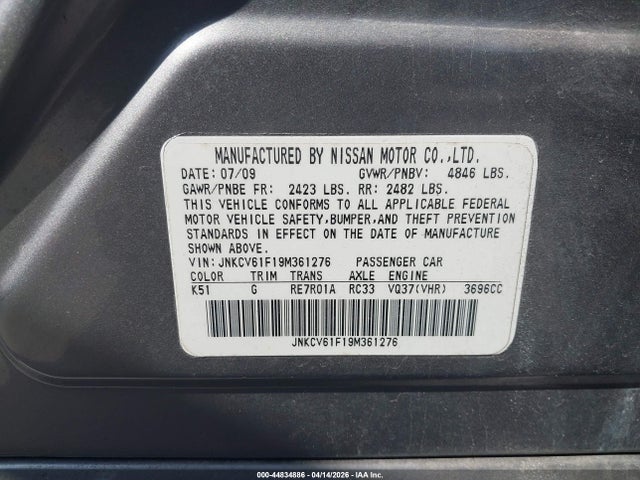 Aukcja sprzedaży 2009 Infiniti G37x, vin: JNKCV61F19M361276, numer aukcji: 44834886