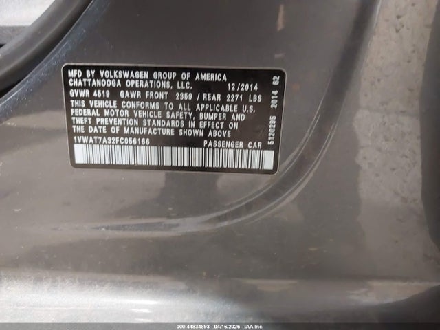 Продаж на аукціоні авто 2015 Volkswagen Passat 1.8t Wolfsburg Edition, vin: 1VWAT7A32FC056166, номер лоту: 44834893
