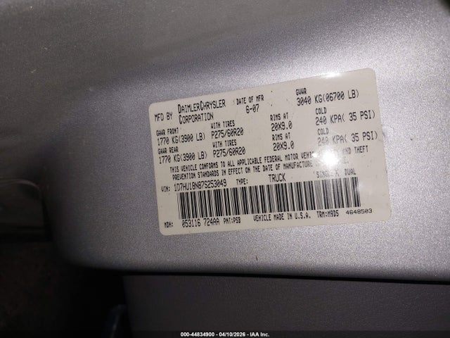 Продаж на аукціоні авто 2007 Dodge Ram 1500 Slt/trx4 Off Road/sport, vin: 1D7HU18N87S253049, номер лоту: 44834900