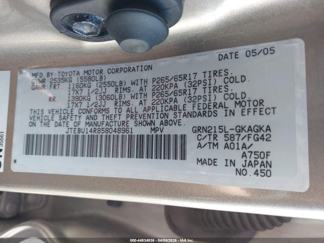 2005 TOYOTA 4RUNNER JTEBU14R858048961 Photo 8