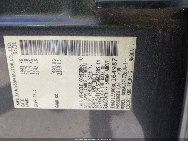 Auction sale of the 2011 Nissan Altima 2.5 S, vin: 1N4AL2AP0BC164987, lot number: 44834939