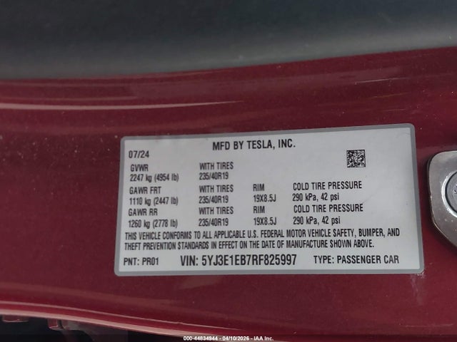 Продаж на аукціоні авто 2024 Tesla Model 3 Long Range Dual Motor All-wheel Drive, vin: 5YJ3E1EB7RF825997, номер лоту: 44834944