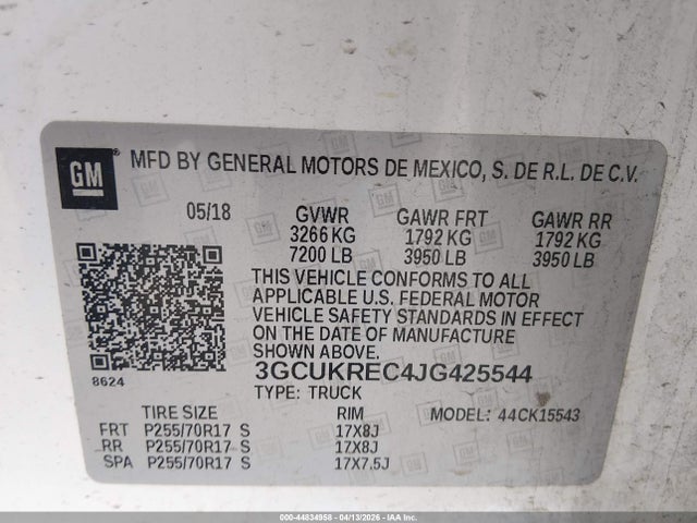 2018 Chevrolet Silverado 1500 1lt მანქანა იყიდება აუქციონზე, vin: 3GCUKREC4JG425544, აუქციონის ნომერი: 44834958