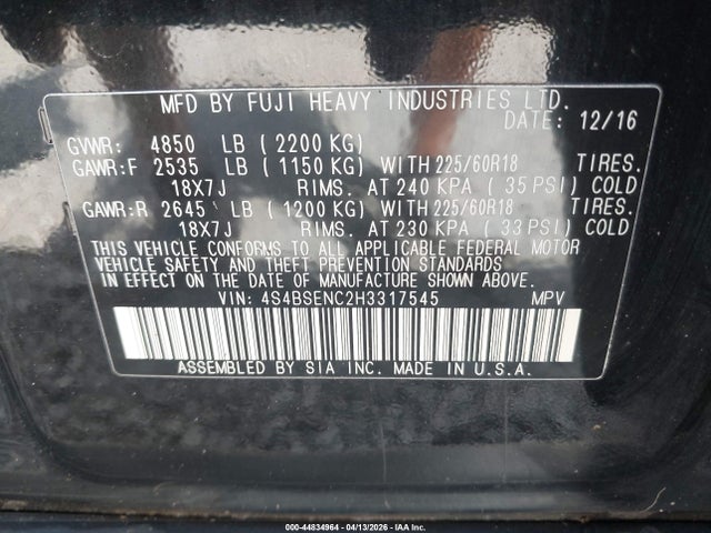 4S4BSENC2H3317545 Subaru Outback 3.6r Limited