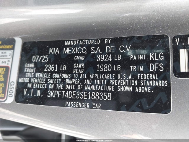 2025 Kia K4 Lxs მანქანა იყიდება აუქციონზე, vin: 3KPFT4DE3SE188358, აუქციონის ნომერი: 44834970