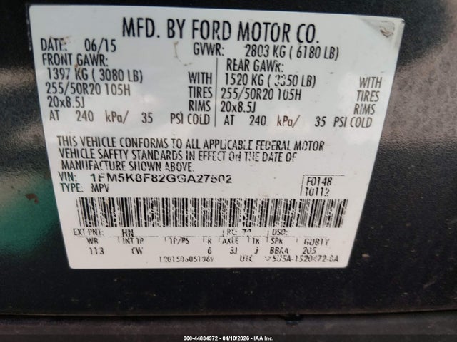 Aukcja sprzedaży 2016 Ford Explorer Limited, vin: 1FM5K8F82GGA27502, numer aukcji: 44834972