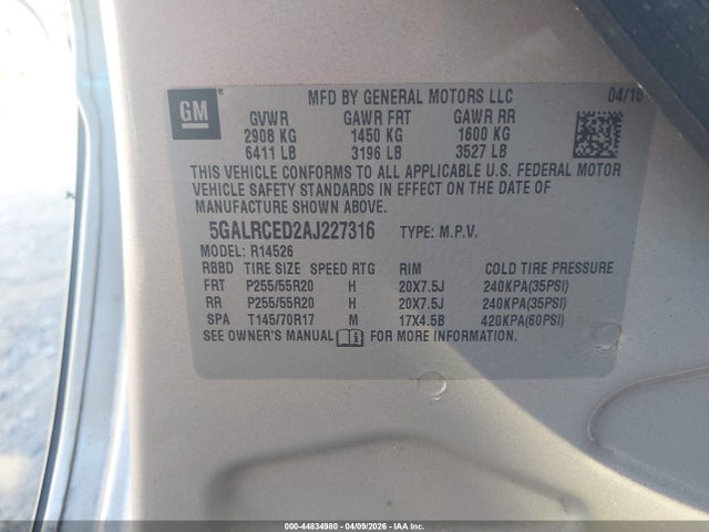 44834980 :رقم المزاد ، 5GALRCED2AJ227316 vin ، 2010 Buick Enclave 2xl مزاد بيع