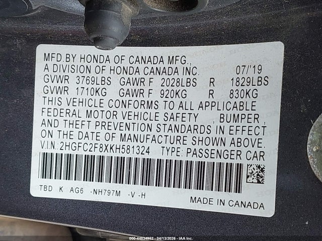 Aukcja sprzedaży 2019 Honda Civic Sport, vin: 2HGFC2F8XKH581324, numer aukcji: 44834982