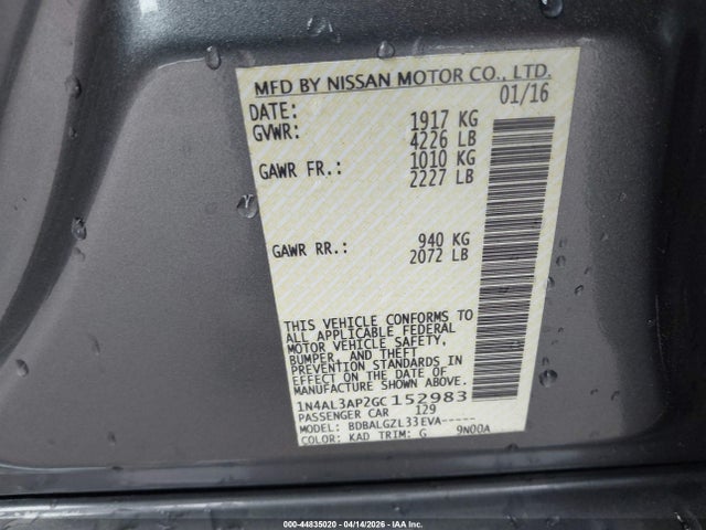 1N4AL3AP2GC152983 Nissan Altima 2.5/2.5 S/2.5 Sl/2.5 Sr/2.5 Sv