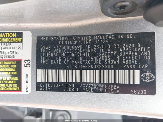 2024 Toyota Camry Xse მანქანა იყიდება აუქციონზე, vin: 4T1K61AK8RU892500, აუქციონის ნომერი: 44835064