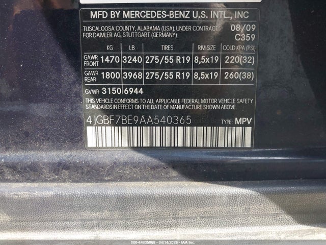 Auction sale of the 2010 Mercedes-benz Gl 450 4matic, vin: 4JGBF7BE9AA540365, lot number: 44835068