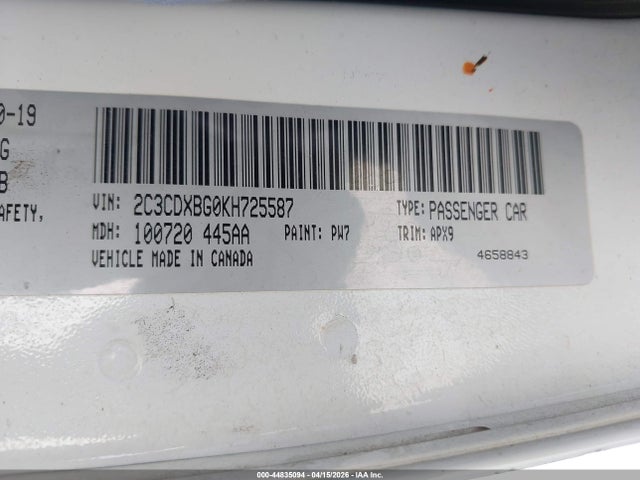 44835094 :رقم المزاد ، 2C3CDXBG0KH725587 vin ، 2019 Dodge Charger Sxt Rwd مزاد بيع