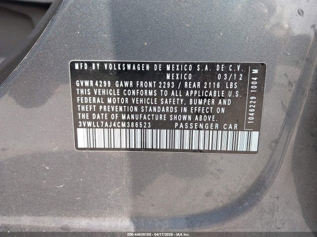 2012 Volkswagen Jetta 2.0l Tdi მანქანა იყიდება აუქციონზე, vin: 3VWLL7AJ4CM386523, აუქციონის ნომერი: 44835105