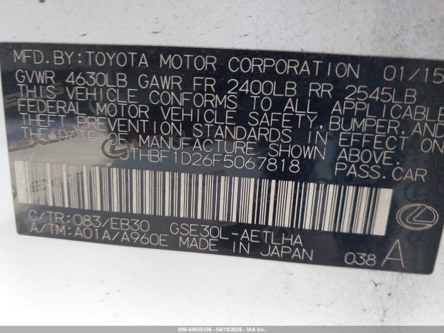 44835106 :رقم المزاد ، JTHBF1D26F5067818 vin ، 2015 Lexus Is 250 مزاد بيع