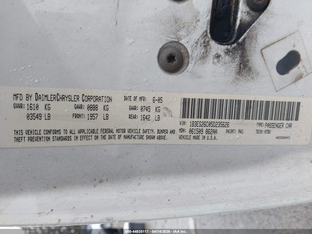 2005 Dodge Neon Se მანქანა იყიდება აუქციონზე, vin: 1B3ES26C05D235626, აუქციონის ნომერი: 44835117