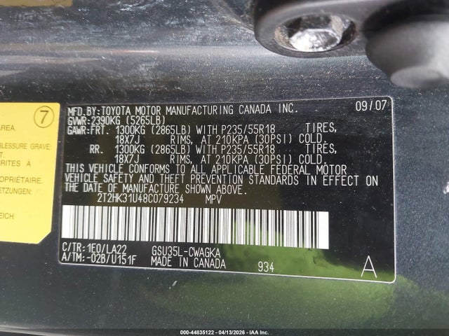 2008 Lexus Rx 350 მანქანა იყიდება აუქციონზე, vin: 2T2HK31U48C079234, აუქციონის ნომერი: 44835122