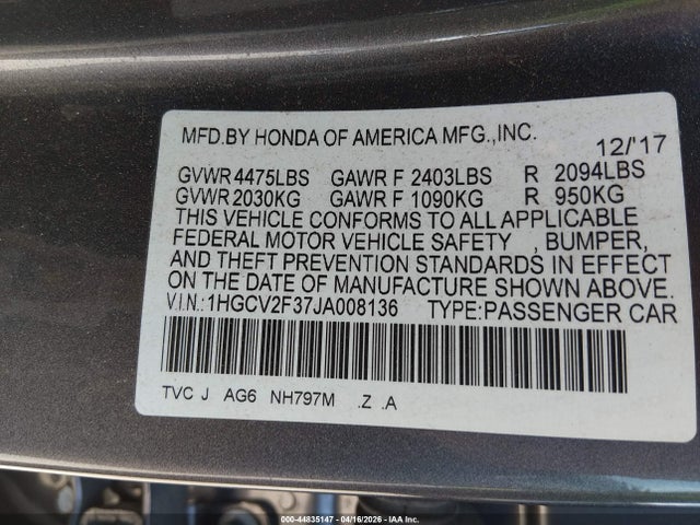 44835147 :رقم المزاد ، 1HGCV2F37JA008136 vin ، 2018 Honda Accord Sport 2.0t مزاد بيع