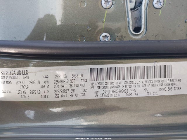 44835155 :رقم المزاد ، 1C4PJLCB9KD206083 vin ، 2019 Jeep Cherokee Latitude Fwd مزاد بيع