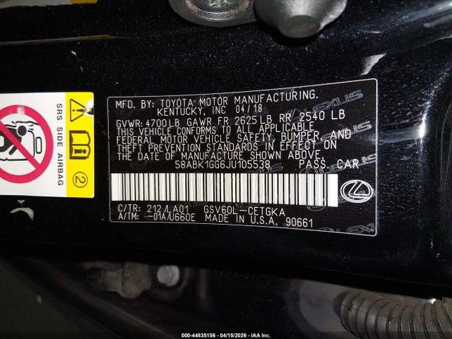 58ABK1GG6JU105538 Lexus ES 350