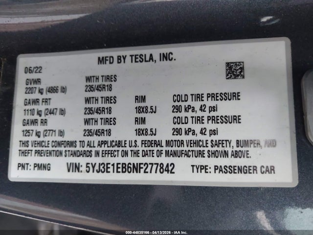 Продажа на аукционе авто 2022 Tesla Model 3 Long Range Dual Motor All-wheel Drive, vin: 5YJ3E1EB6NF277842, номер лота: 44835166