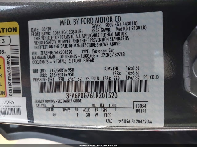 Ford FUSION S 2020 3FA6P0G76LR201520 Image 9