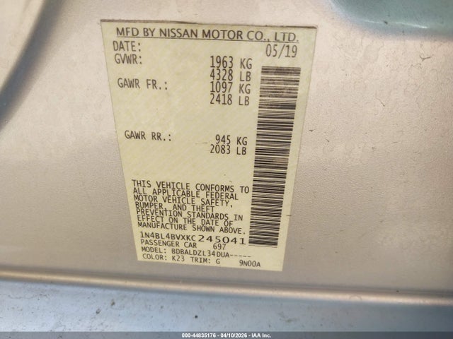 Продаж на аукціоні авто 2019 Nissan Altima 2.5 S, vin: 1N4BL4BVXKC245041, номер лоту: 44835176