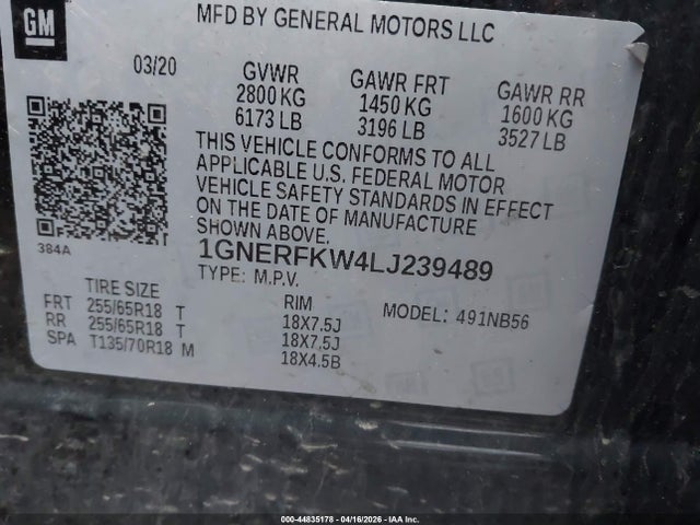 44835178 :رقم المزاد ، 1GNERFKW4LJ239489 vin ، 2020 Chevrolet Traverse Fwd Ls مزاد بيع