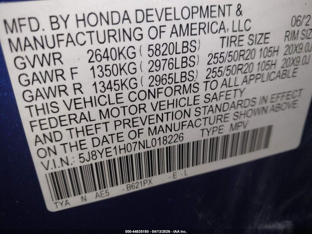 44835180 :رقم المزاد ، 5J8YE1H07NL018226 vin ، 2022 Acura Mdx A-spec Package مزاد بيع