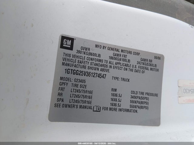 Продаж на аукціоні авто 2006 Gmc Savana Work Van, vin: 1GTGG25V361274547, номер лоту: 44835185