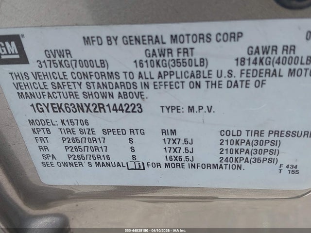 Продаж на аукціоні авто 2002 Cadillac Escalade Standard, vin: 1GYEK63NX2R144223, номер лоту: 44835190