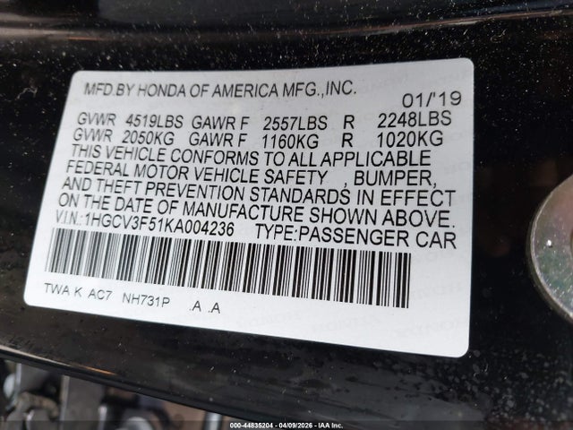 1HGCV3F51KA004236 Honda Accord Hybrid Ex-l