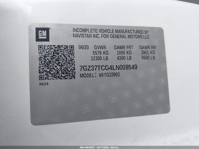 44835207 :رقم المزاد ، 7GZ37TCG4LN008549 vin ، 2020 Gmc Savana Cutaway Work Van مزاد بيع
